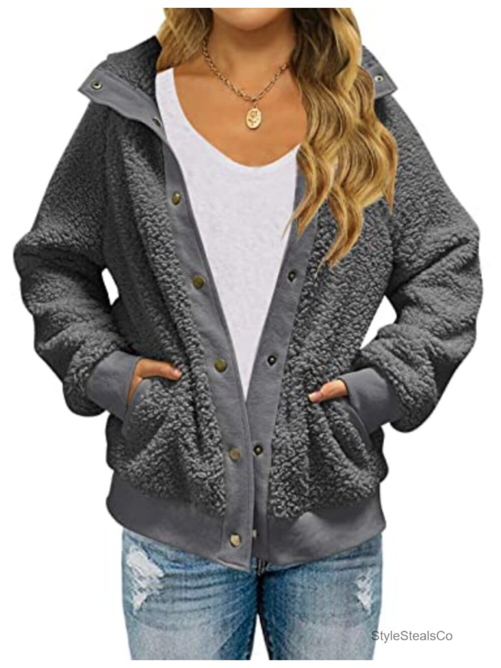 Women's Sherpa Fleece Jacket Fuzzy Cozy Winter Coat Overcoat Snap Button